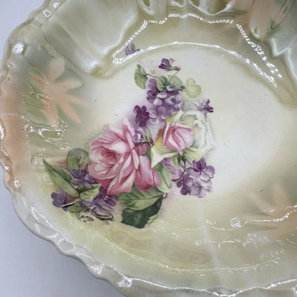 Vtg German Lusterware Porcelain Serving Bowl Yellow Cabbage Rose Grannycore‎